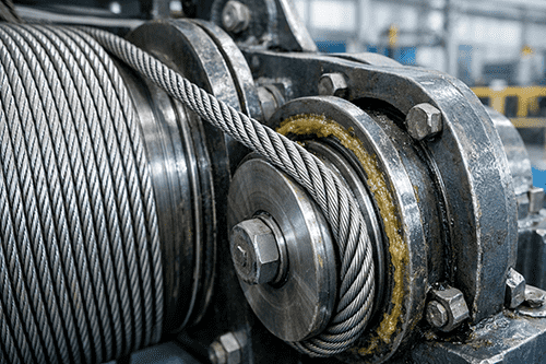 A 7x19 wire rope running smoothly through a winch pulley system