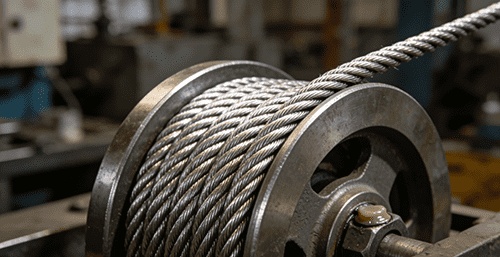 A 7x19 wire rope running smoothly through a pulley system on a piece of machinery