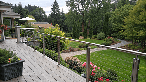 7x7 Stainless Steel Cable Railing A modern deck with a stainless steel 7x7 cable railing system overlooking a garden