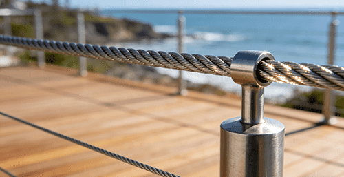 Close-up of a 7x7 wire rope being used in a stainless steel cable railing system