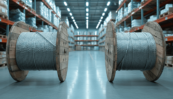 Visual comparison of 304 and 316 wire rope coils in a warehouse