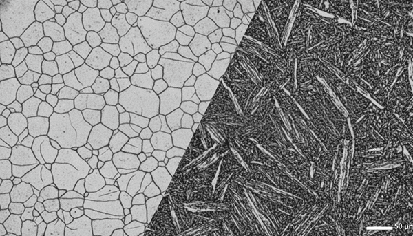 Austenite to Martensite Transformation due to Cold Working A microscopic view showing the structural change from austenite to martensite in stainless steel.