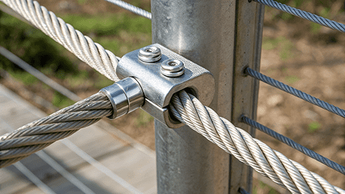 Cable Railing Tensioner A close-up view of a tensioning fitting on a 7x7 cable railing post