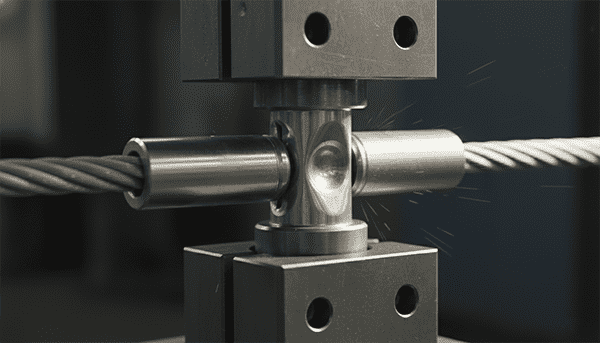 A close-up of a large hydraulic press swaging a terminal onto a thick wire rope.