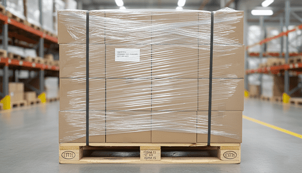 Industrial bulk packaging Wooden pallets stacked with boxes of wire rope in a warehouse