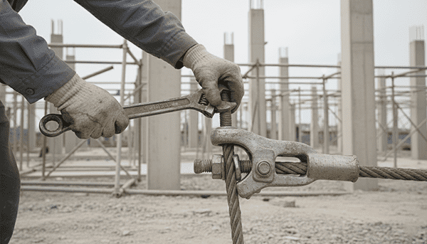 A worker on a construction site installing a mechanical, screw-on terminal onto a wire rope.