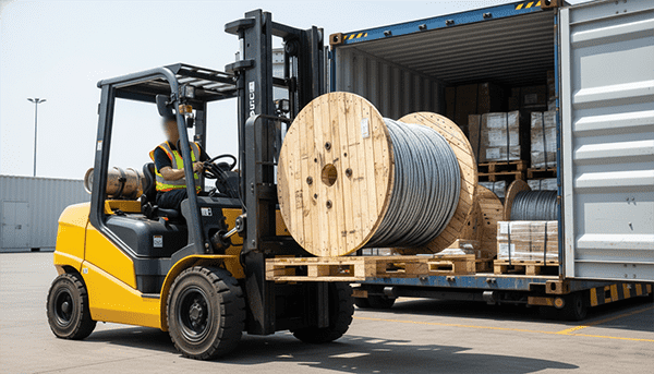 Pallet load shipping Forklift loading a pallet into a shipping container