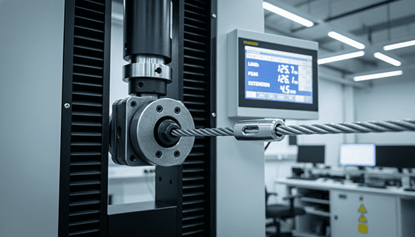 A digital tensile testing machine stretching a wire rope assembly to its breaking point.