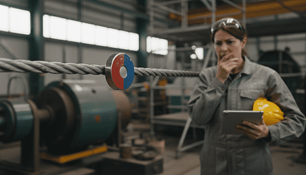 Slight Magnetism in 316 Stainless Steel Wire Rope A magnet sticking to a stainless steel wire rope, with a concerned engineer looking on.