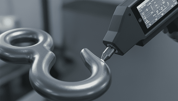 Handheld spectrometer analyzing the chemical composition of a steel hook