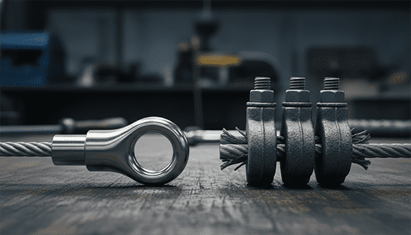 A sleek swaged fitting next to a bulkier mechanical wire rope clip assembly.
