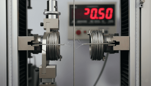 Hydraulic tensile testing machine pulling a steel cable to breaking point