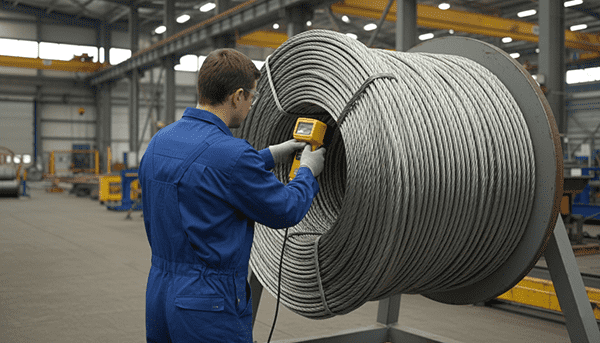 Verifying Steel Quality with an XRF Analyzer A technician using a portable XRF analyzer on a stainless steel wire rope.