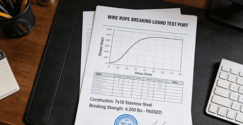 A load test report showing the breaking strength data for wire ropes