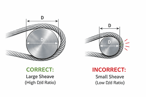 A diagram showing the correct and incorrect ratio of wire rope diameter to sheave diameter