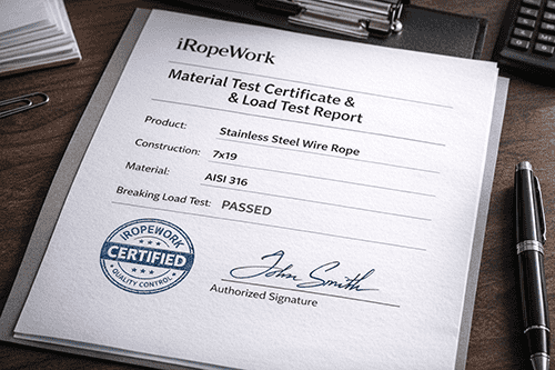 A close-up of an iRopeWork certificate showing load test results and 7x19 construction confirmation